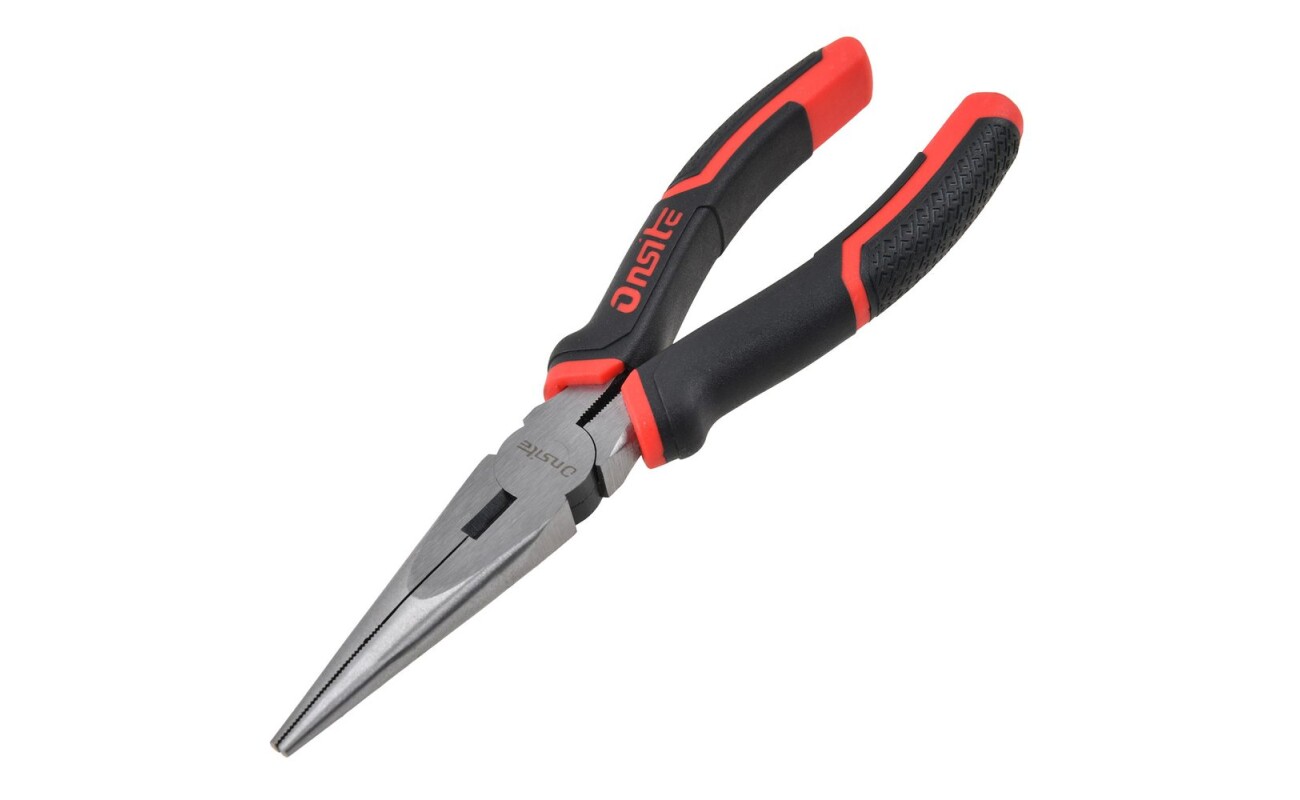 Long flat-nose pliers designed for precise manipulation of small components and wires. Features narrow long jaws