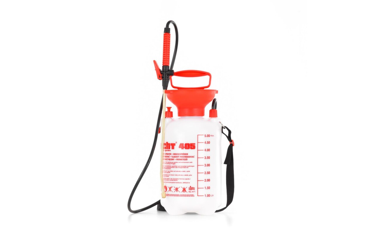 Manual piston powered knapsack sprayer with tank volume of 5&nbsp;litres and maximal pressure 3&nbsp;bar. Equipped with adjustable spraying&nbsp;jet and release lock.