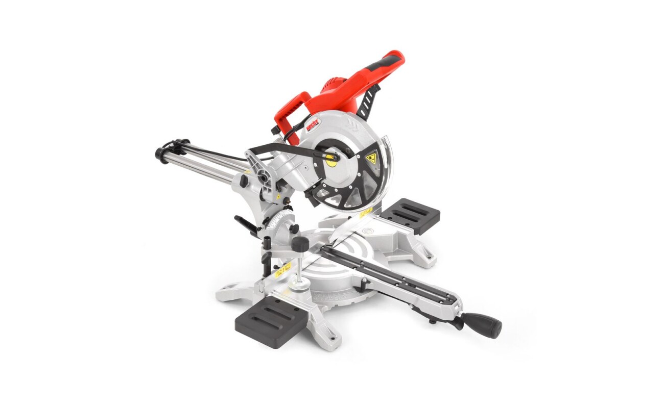Miter saw with laser for precise cutting. Power input 1800 W. Blade diameter 210 mm.