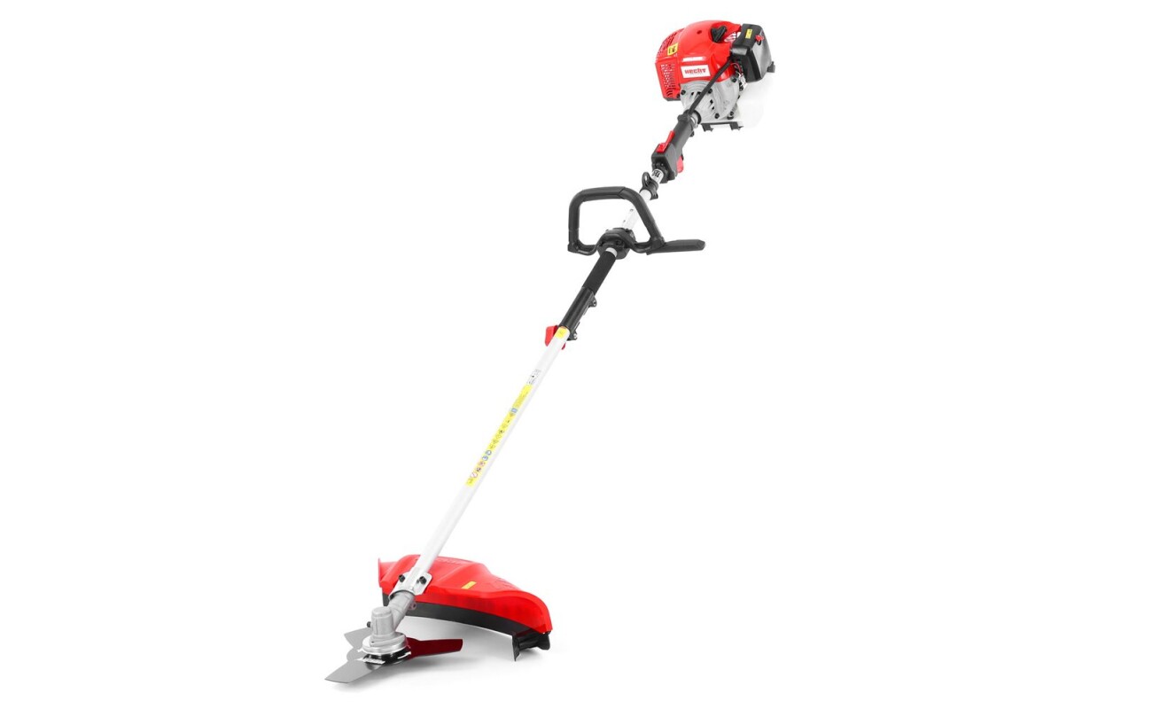 Motorized brush cutter with 25.5 cm blade width and 43 cm string trimmer width. Includes extension shaft