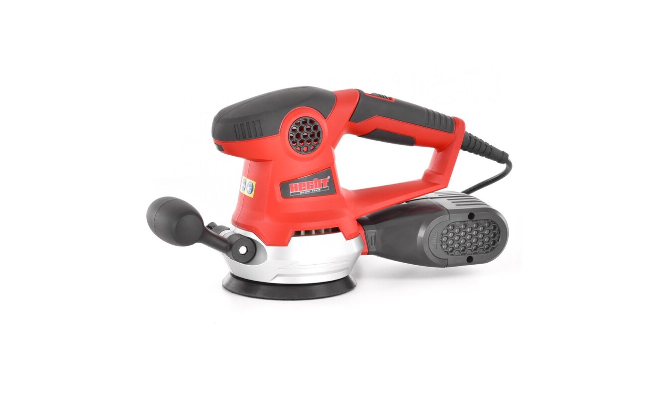 Orbital sander HECHT 1764 with power input 450W. Includes sandpaper and plastic dust container.