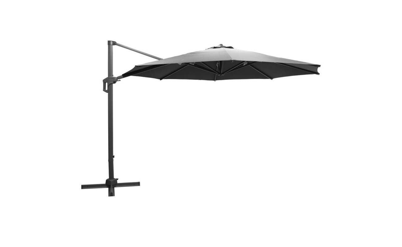 Aluminum parasol with 3.5m diameter and cross base. 8 crossbars 17 x 25 mm. Pole diameter 53 x 80 mm. Simple opening and closing with a crank. Polyester 200 g/m² with ventilation.