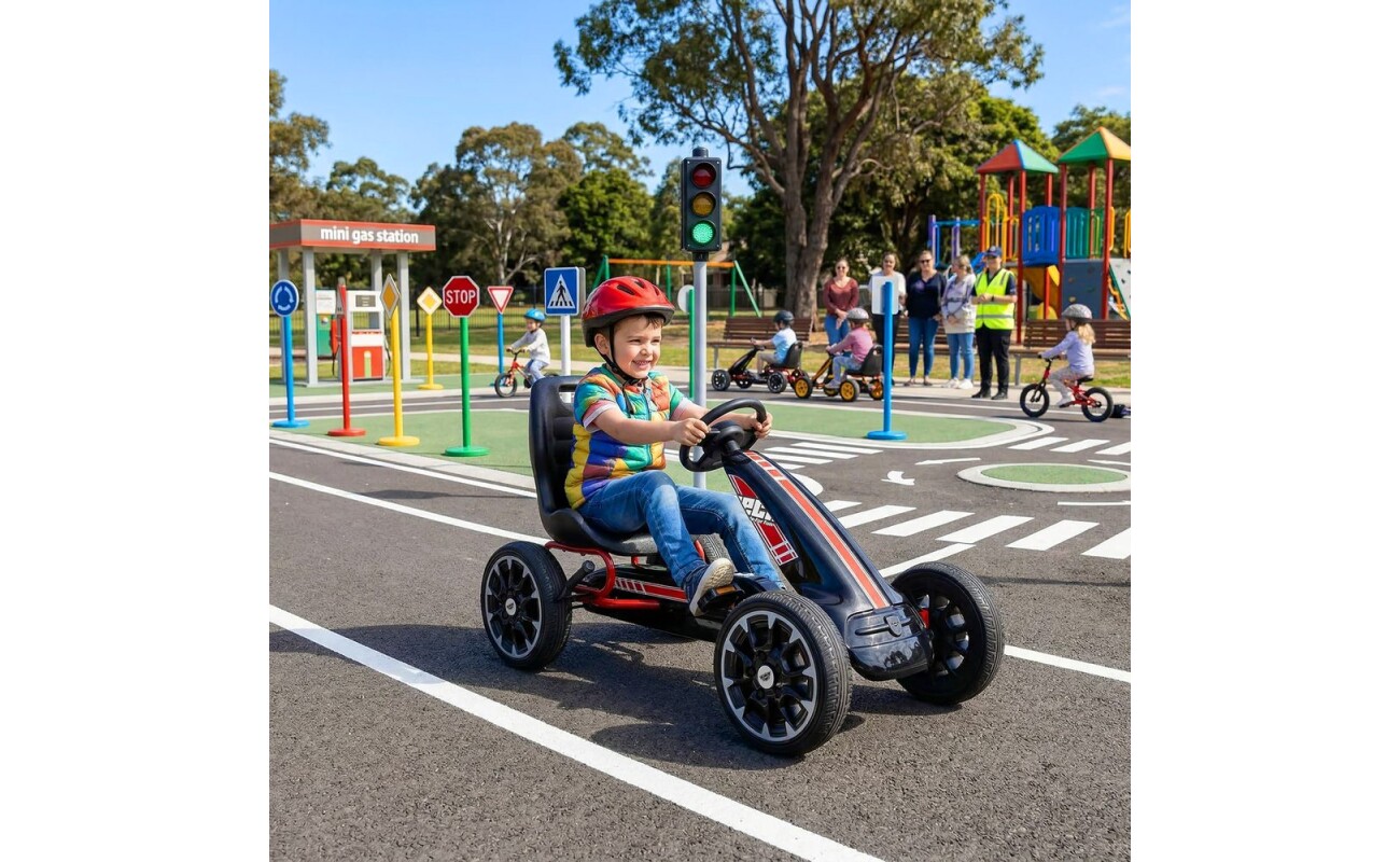 inflatable tyres and adjustable seat for children aged 3 to 6 years.