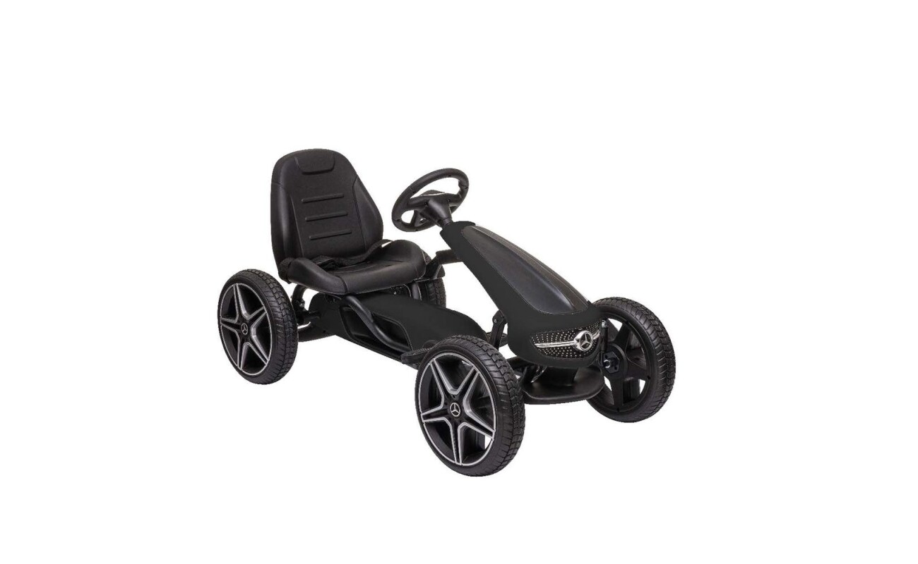 Pedal go-kart for kids. Rubber tires. Handbrake. Adjustable seat. Maximum weight capacity 25 kg. Recommended age: 3 - 7 years. Official license Mercedes.