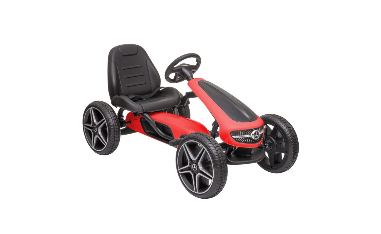 Pedal go kart for kids. Rubber tires. Handbrake. Adjustable seat. Maximum weight capacity 25 kg. Recommended age: 3 - 7 years. Official license Mercedes.