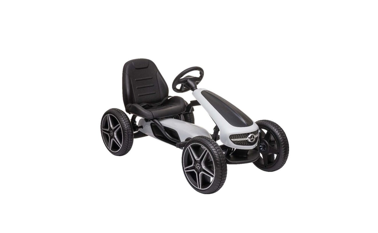 Pedal go-kart for kids. Rubber tires. Handbrake. Adjustable seat. Maximum weight capacity 25 kg. Recommended age: 3 - 7 years. Official license Mercedes.