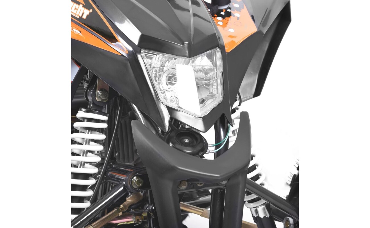 5 HP. Front drum brake 2x. Rear disc brake 1x. Front and reverse gear. Electric key start (manual choke). Maximum speed 45 km / h. Maximum weight capacity 80 kg. Dimensions (L x W x H): 142 x 96 x 97 cm.