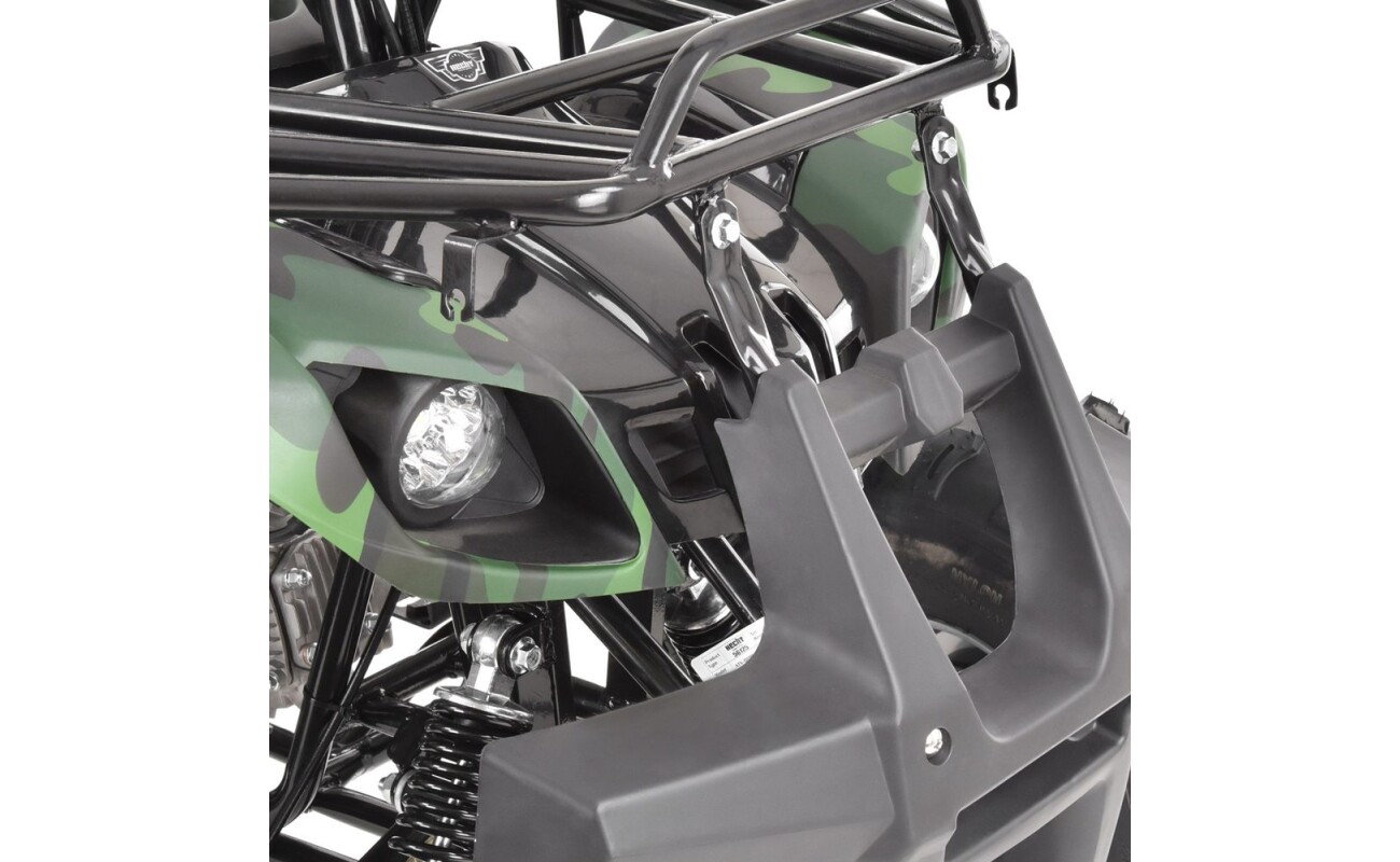 6 HP. Maximum speed 45 km / h. 3x front/1x reverse gear-automatic gearbox. Key electric start. LED display shows speed and actual gear which is shift. Display color is possible to change. Front drum brake 2x. rear disc brake 1x. Park brake. Standard towing hitch. Maximum weight capacity 120 kg. Dimensions (L x W x H): 145 x 102 x 96 cm.