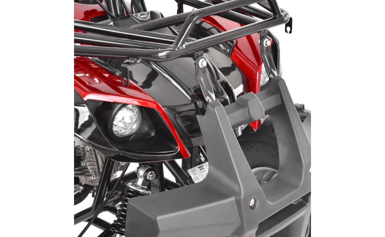6 HP. Maximum speed 45 km / h. 3x front/1x reverse gear-automatic gearbox. Key electric start. LED display shows speed and actual gear which is shift. Display color is possible to change. Front drum brake 2x. rear disc brake 1x. Park brake. Standard towing hitch. Maximum weight capacity 120 kg. Dimensions (L x W x H): 145 x 102 x 96 cm.