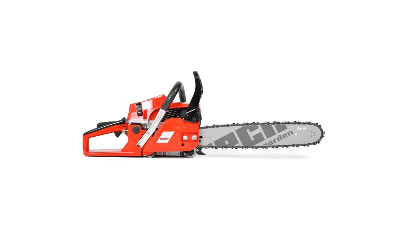 Petrol chainsaw Hecht 50 with primer. Power 2.9 HP. Rail length 40 cm. Weight 6 kg. Practical protective box.