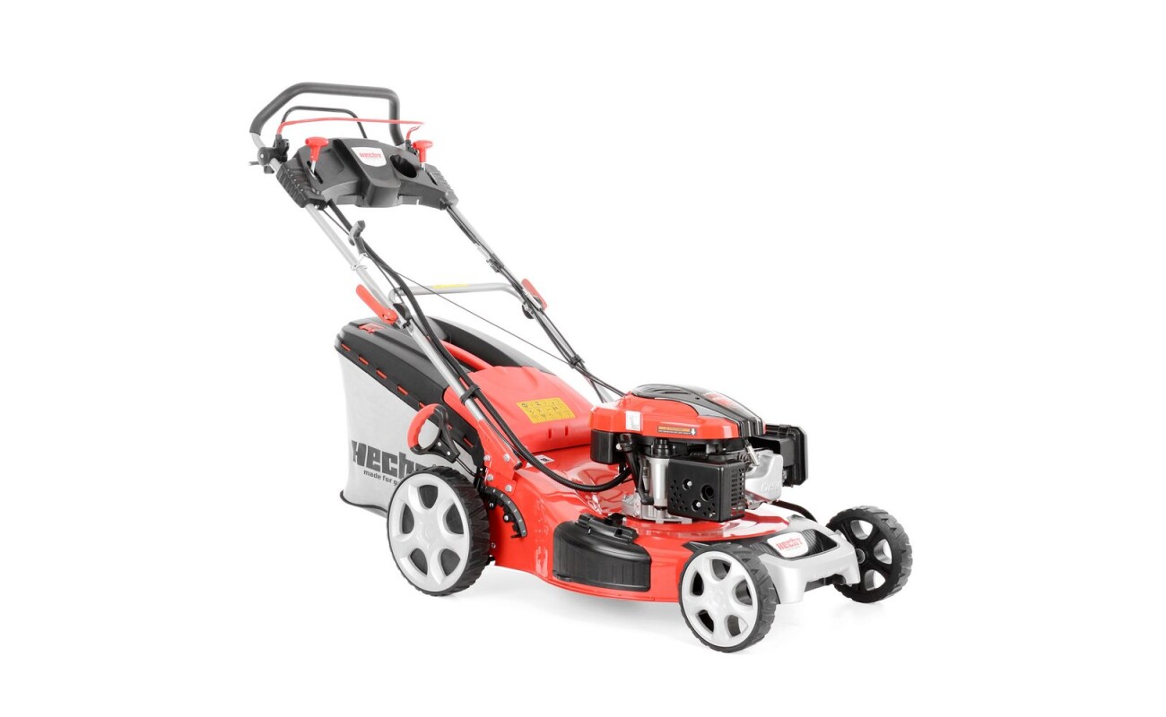 Petrol lawn mower with 4-speed self propelled system and electric starter. Working width: 56 cm. Engine displacement: 196 ccm. Collecting box: 70 l.