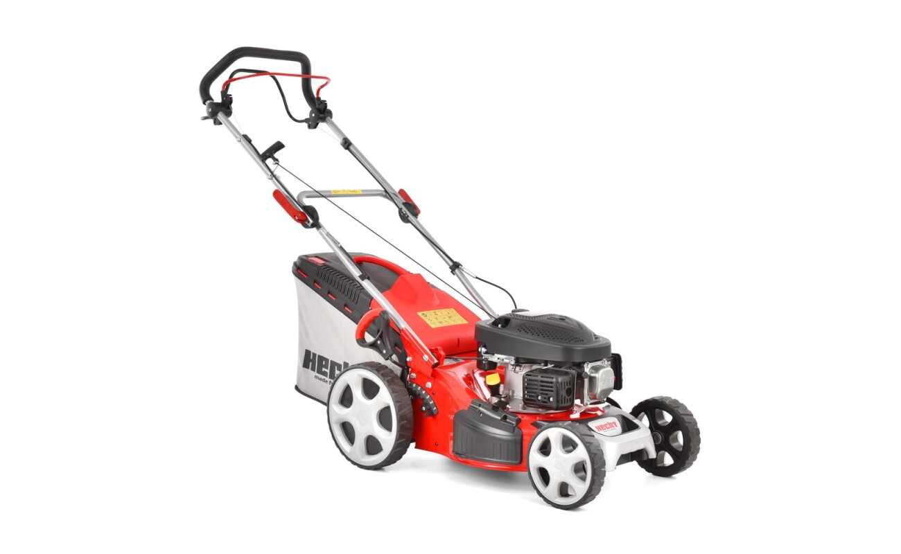 Self-propelled petrol powered rotary lawn mower with 4-stroke engine with displacement of 98.5 cm3. Working width 43 cm.