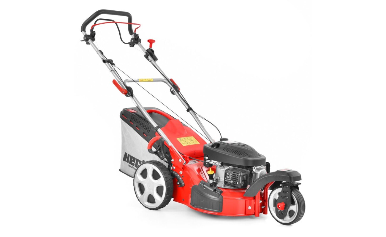 Petrol lawn mower with self propelled system. Working width: 43 cm. Engine displacement: 98.5 ccm. Collecting box: 50 l.