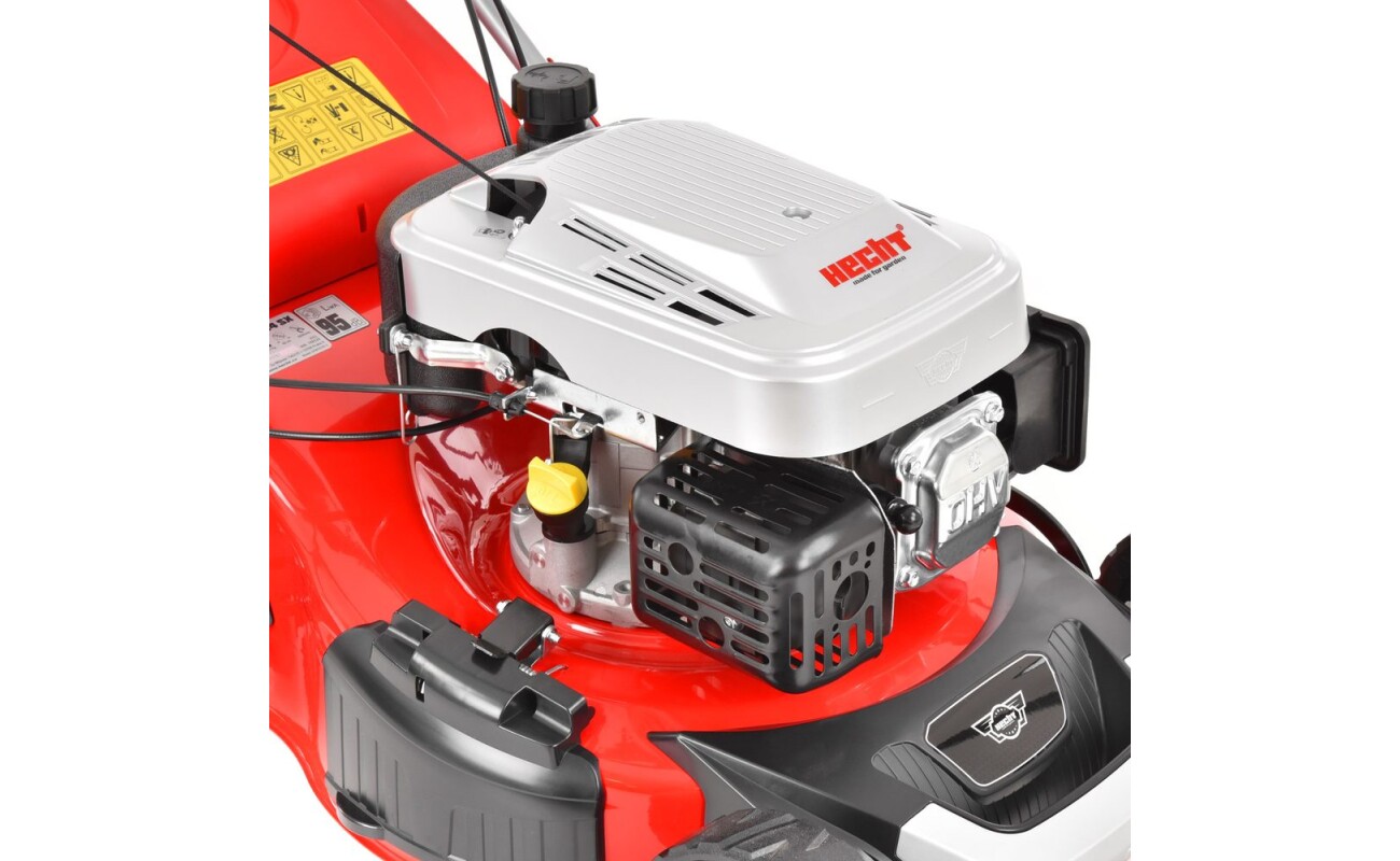 equipped with ball bearings. Powered by HECHT 4&nbsp;stroke OHV engine. Working width 46 cm. Suitable for areas of up to 1200 m2.&nbsp;Central adjustment of cutting height. Mulching kit included
