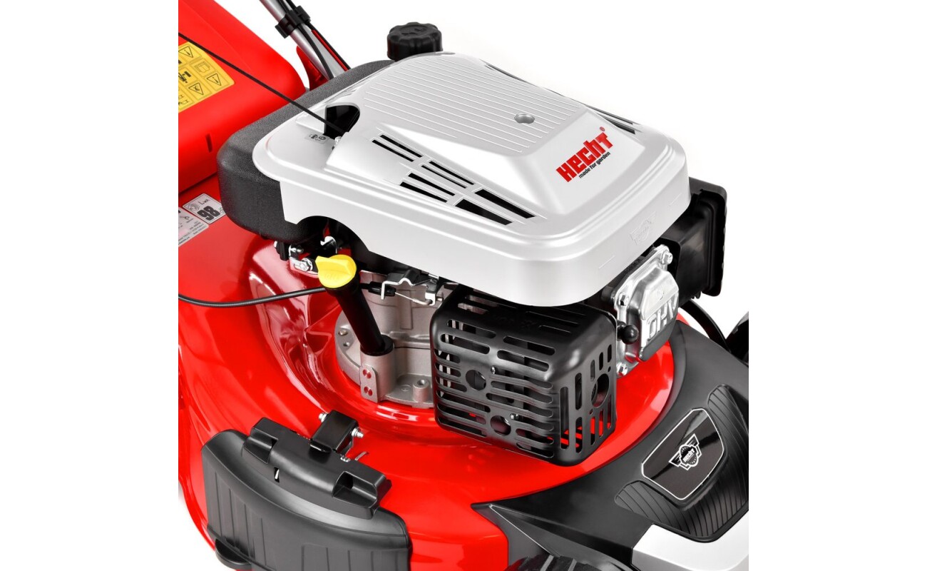 equipped with ball bearings. Powered by 4 stroke OHV engine with displacement of 173 cm3. Working width 51 cm. Suitable for areas of up to 1600 m2. Central adjustment of cutting height. Mulching kit included