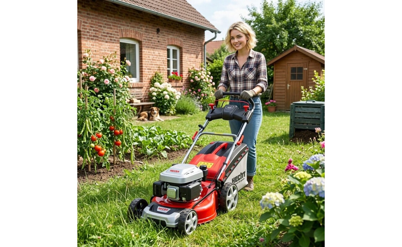 equipped with ball bearings. Powered by 4 stroke OHV engine with displacement of 173 cm3. Working width 51 cm. Suitable for areas of up to 1600 m2. Central adjustment of cutting height. Mulching kit included