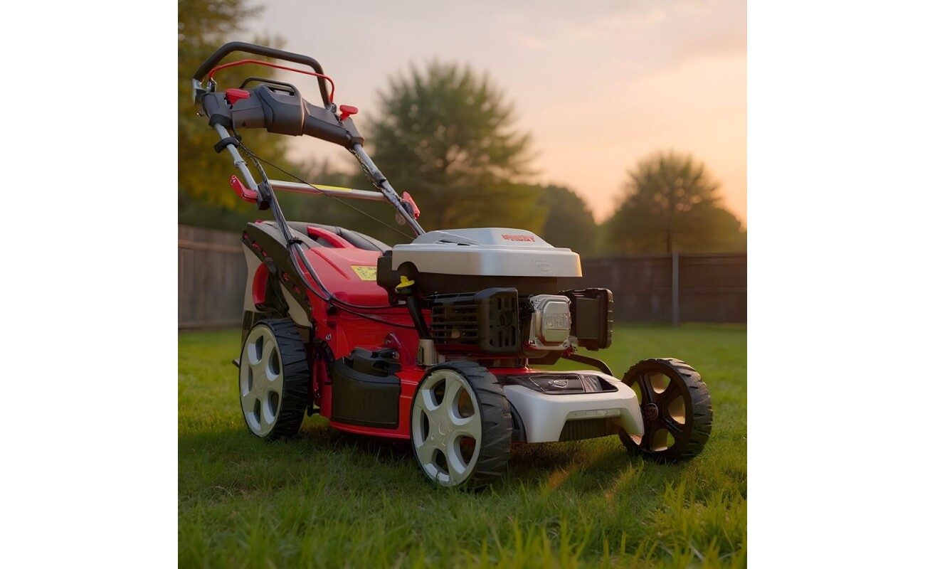 equipped with ball bearings. Powered by 4 stroke OHV engine with displacement of 173 cm3. Working width 51 cm. Suitable for areas of up to 1600 m2. Central adjustment of cutting height. Mulching kit included