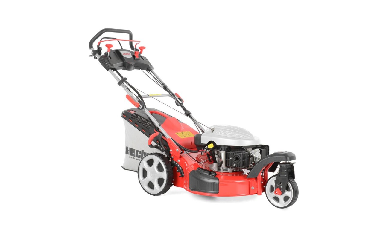 Petrol lawn mower with self propelled system and electric starter. Working width: 51 cm. Engine displacement: 173 ccm. Collecting box: 60 l.