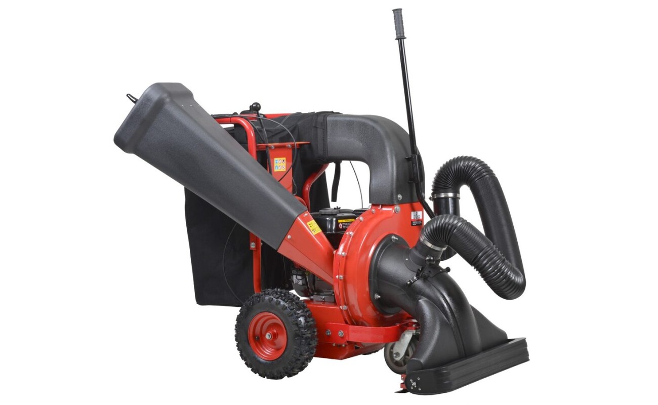 Combined motorized vacuum cleaner and shredder with travel. 196 ccm engine with a rated power of 4.1 kW. Knife crushing head. Basket with a volume of 130 l. Weight 89 kg