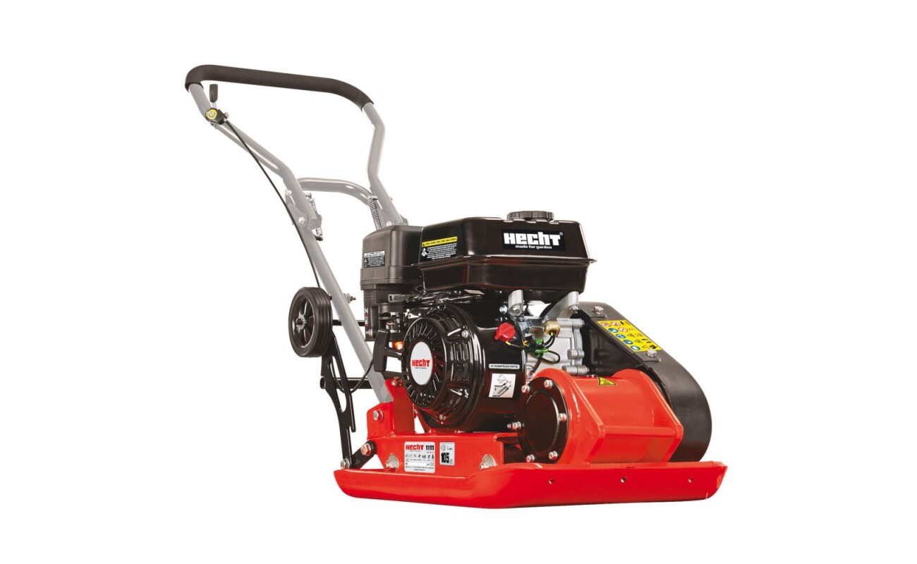 Petrol plate compactor with an engine of 196 ccm. Plate dimensions 540 x 420 mm. Compaction pressure 13000 N. Compaction depth 30 cm. Weight 83 kg. Folding wheels for easy transport. Damping pad included. Steel chassis.