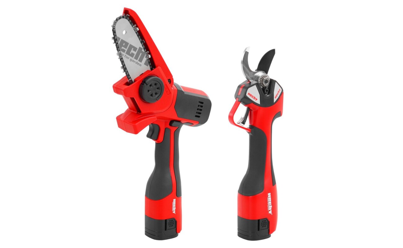 The HECHT 99125 Multifunction Set combines a small pruning chainsaw and scissors in a practical carrying case. Ideal for pruning and cutting branches. Includes 2 batteries and charger.