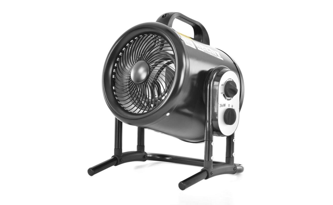 Electric powered heater with fan and thermostat.