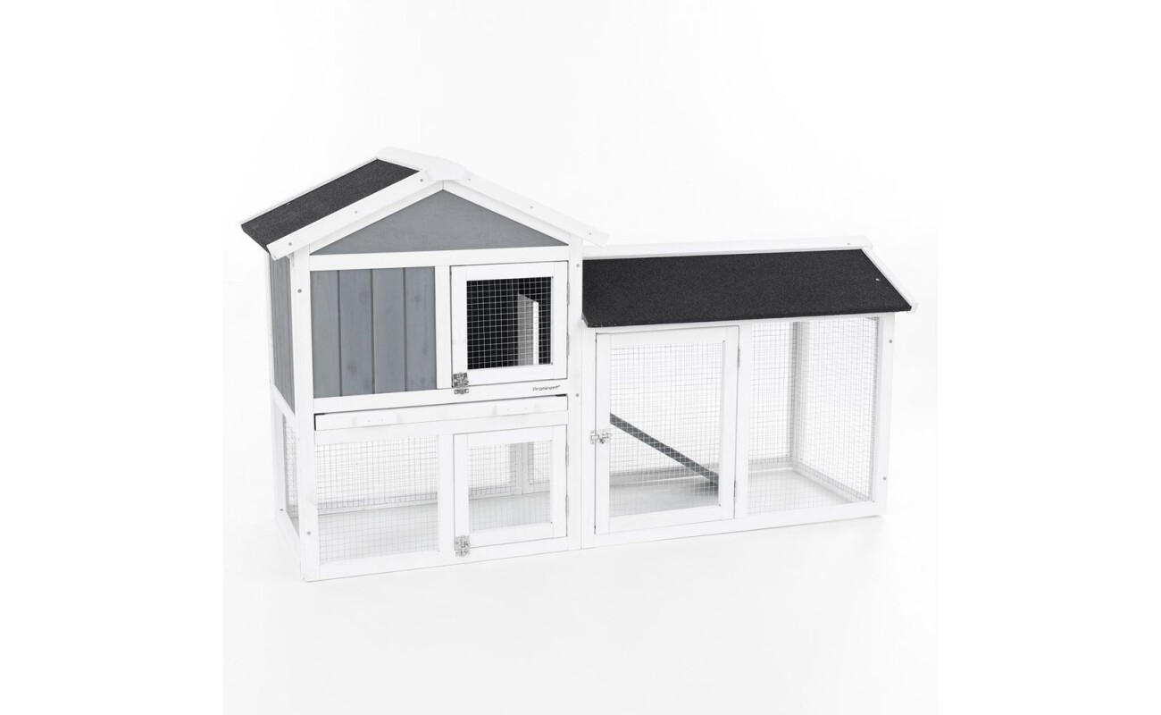 Rabbit hutch made of durable fir wood. Dimensions 147 x 52.8 x 85.5 cm.