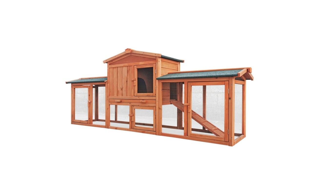 Prominent Connie is a spacious rabbit hutch made from durable fir wood with an asphalt shingle roof. It offers comfortable space for rabbit keeping with multiple access doors.
