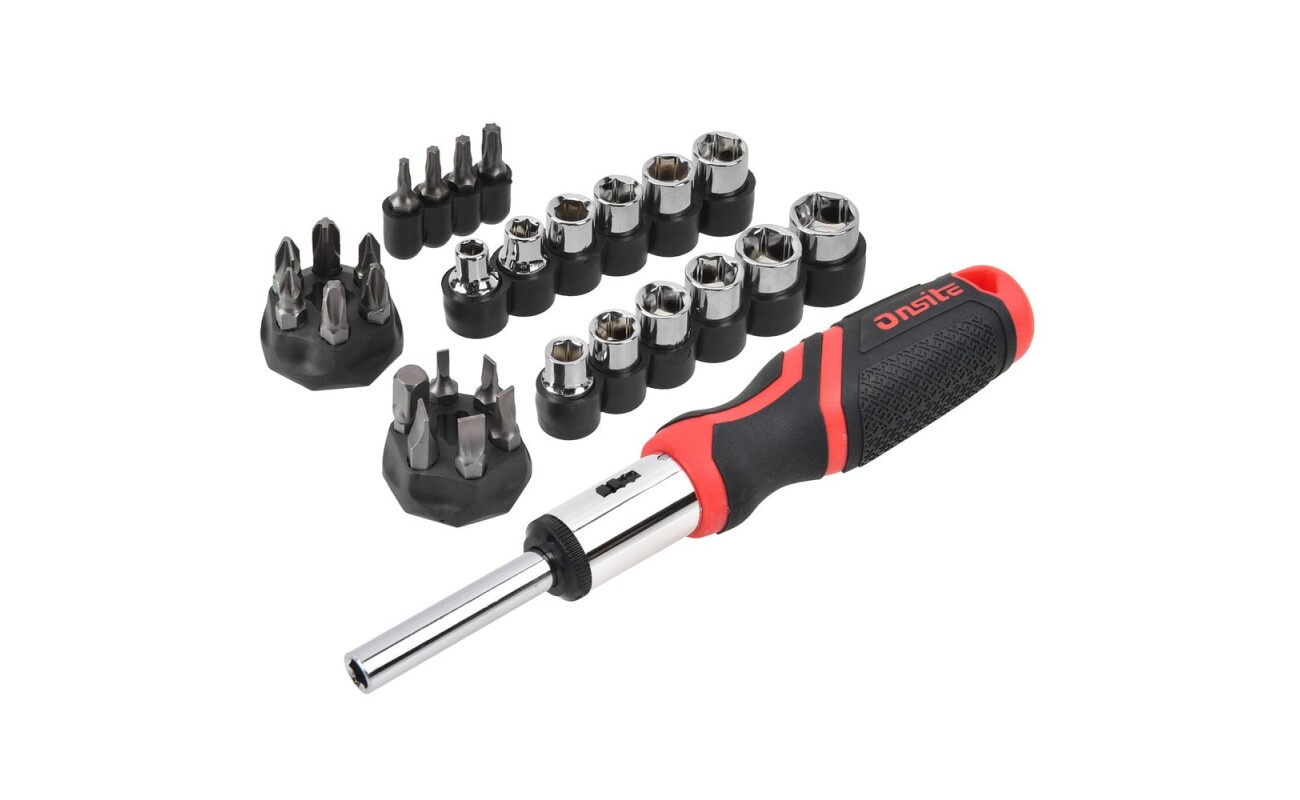 Ratchet screwdriver with a 29-piece accessory set that enables quick and convenient tightening and loosening of screws. Thanks to the ratchet mechanism