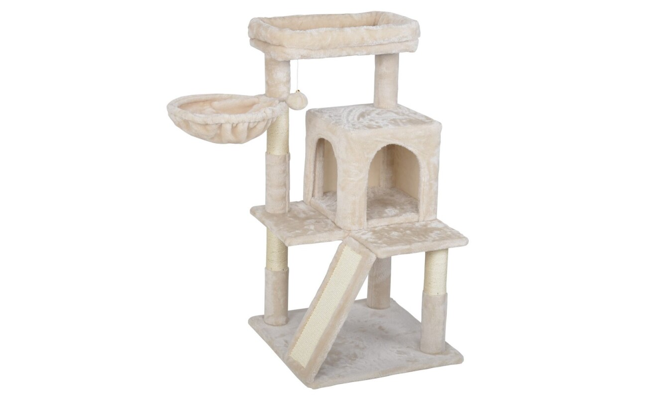 Scratching post and resting place for cats PROMINENT LUNA B (beige). Made of plush and natural sisal. Dimensions 48 x 48 x 96 cm.