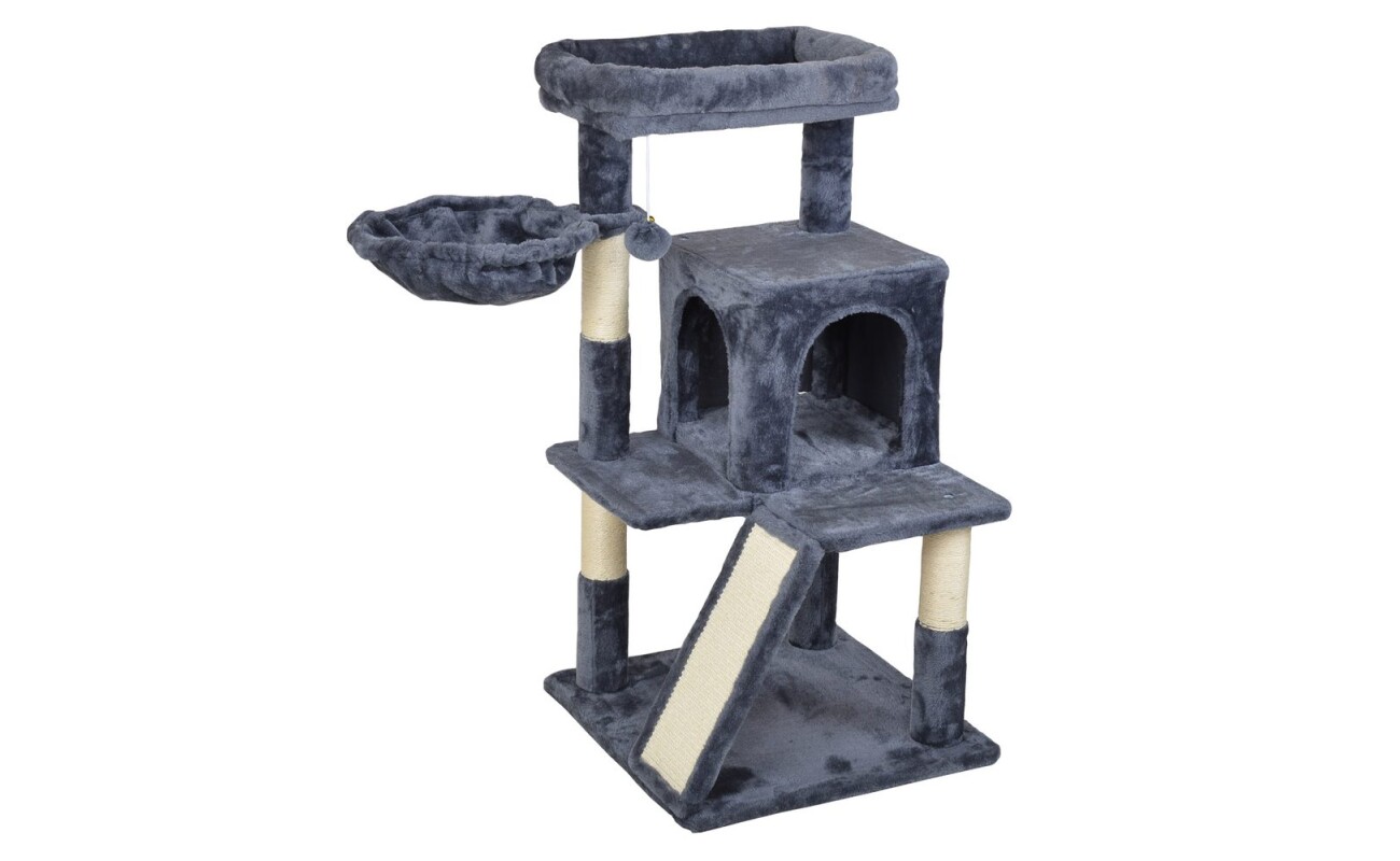Scratching post and resting place for cats PROMINENT LUNA S (grey). Made of plush and natural sisal. Dimensions 48 x 48 x 96 cm.