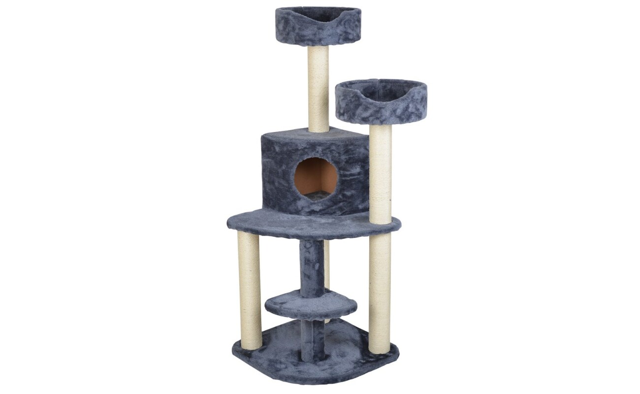 Scratching post and resting place for cats PROMINENT NALA S (grey). Made of plush and natural sisal. Dimensions 50 x 50 x 128 cm.