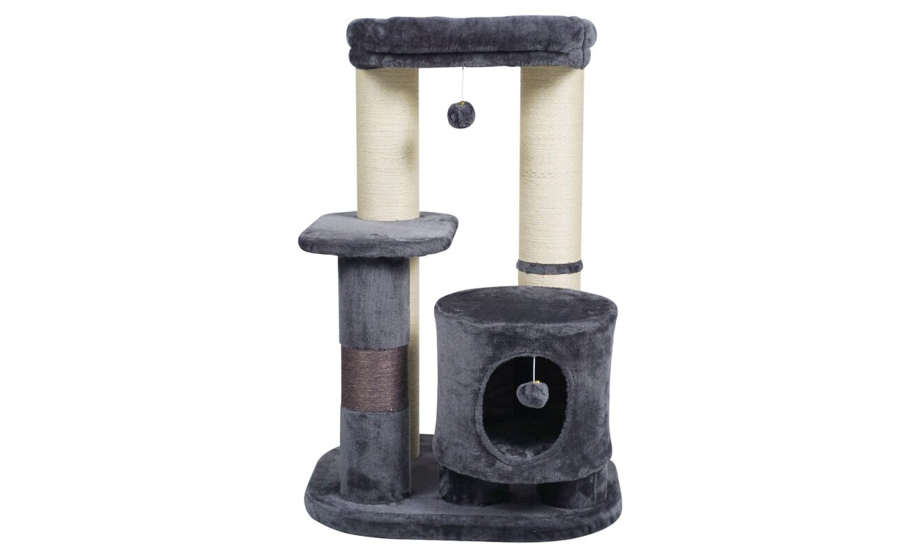 Scratching post and resting place for cats PROMINENT SIMBA S (grey). Made of plush and natural sisal. Dimensions 55 x 65 x 100 cm.