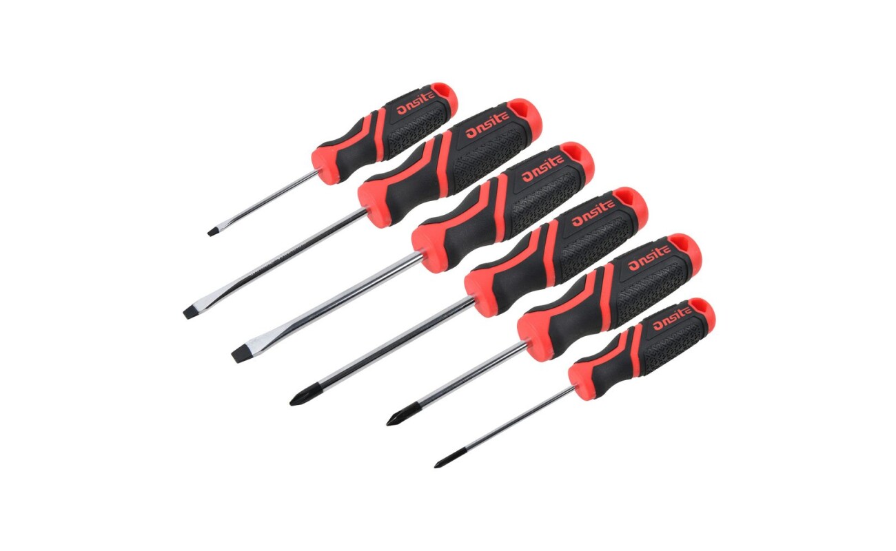 Practical set of 6 screwdrivers for common assembly and service work. Includes flathead and Phillips screwdrivers with ergonomic anti-slip handles for comfortable and precise work.