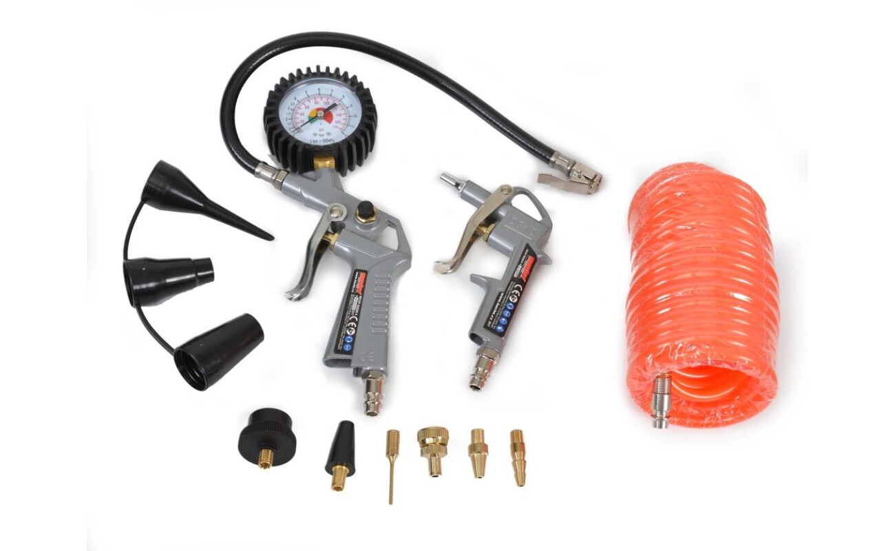 Set of accessories for HECHT compressors. The set contains a 5 m pressure spiral hose for connecting the gun to a compressor with 1/4 "quick couplings. Gun with a manometer for inflating tires