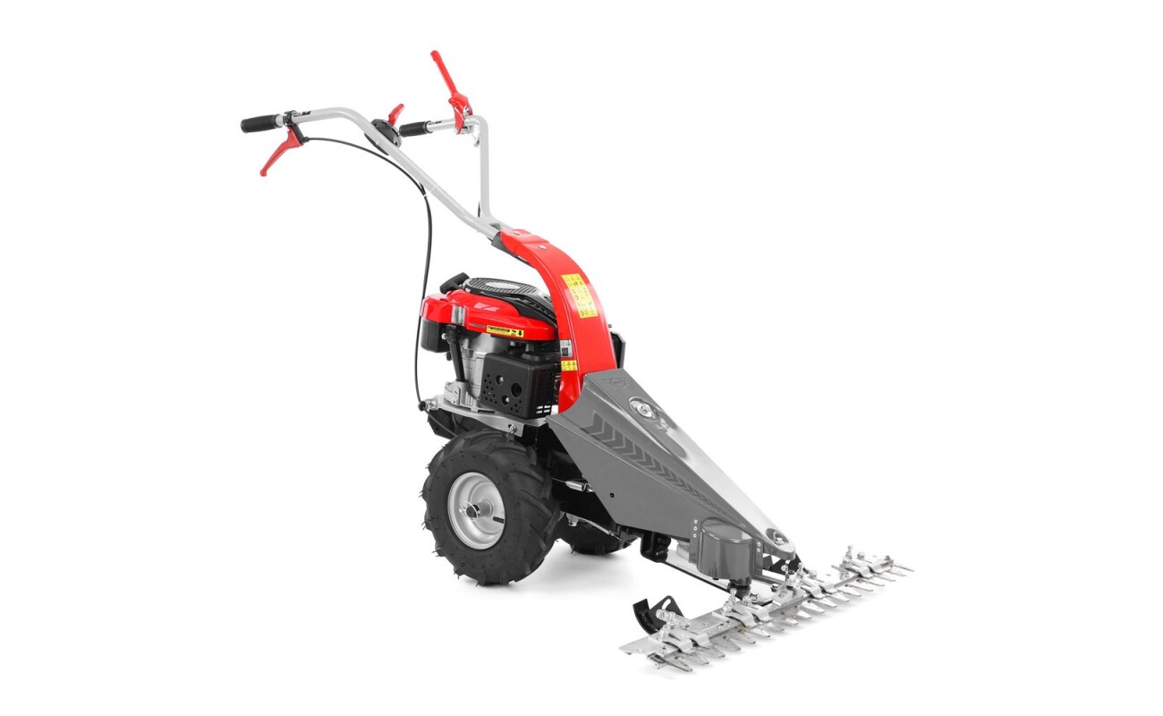 Petrol sickle bar mower with self propelled system. Engine displacement: 196 ccm. Working width 87 cm. Weight 59 kg. Cutting height adjustment from 30 to 80 mm.