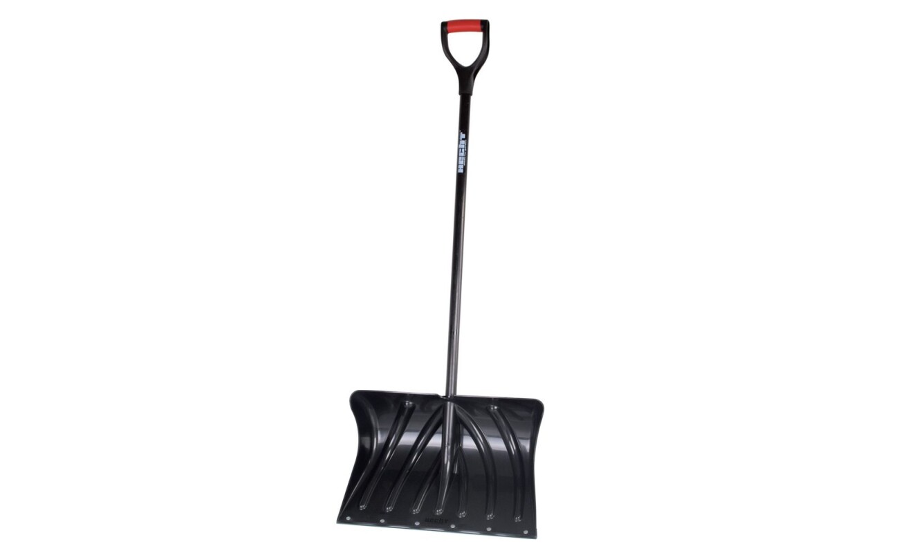 Plastic snow rake with plastic handle reinforced with steel tube