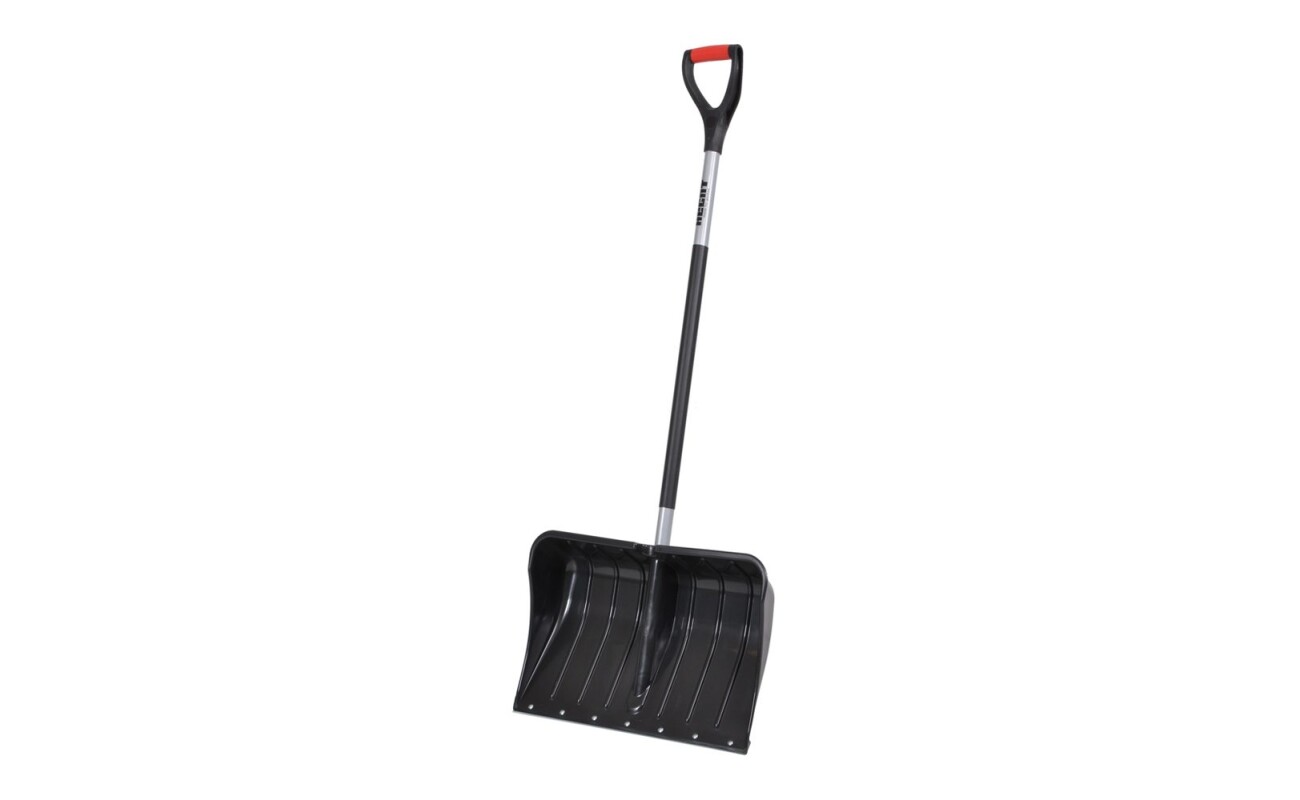 Snow rake with plastic handle reinforced with steel tube