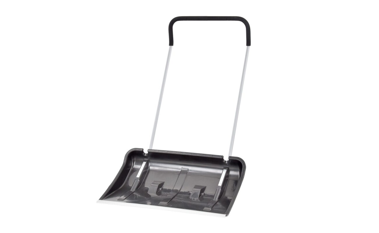 Snow pusher with metal bar and wheels.