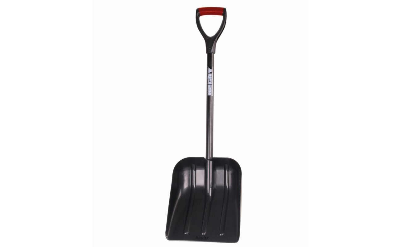 Plastic snow shovel with plastic handle reinforced with steel tube