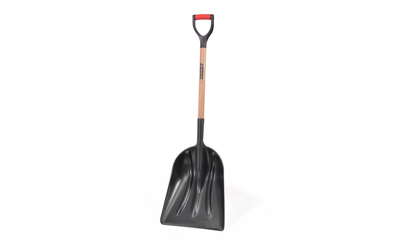 Plastic snow shovel with wooden handle. The working width is 37 cm.
