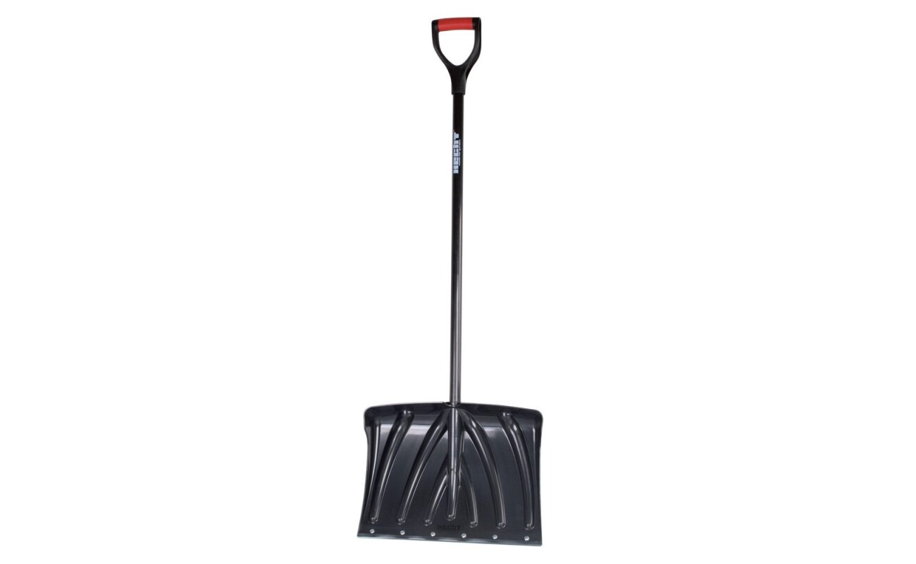 Plastic snow shovel with plastic handle reinforced with steel tube