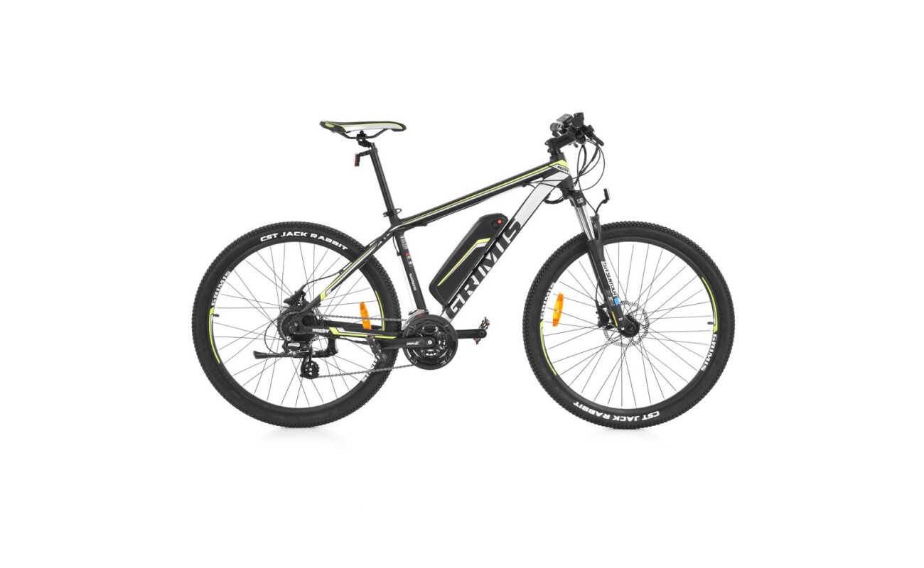 HECHT GRIMIS GREEN outdoor sports e-bike. Shimano derailleur. Front sprung and adjustable fork. Disc brakes. Aluminum frame with battery 36 V / 14 Ah. Engine 250 W. 27.5" wheels. Weight 20
