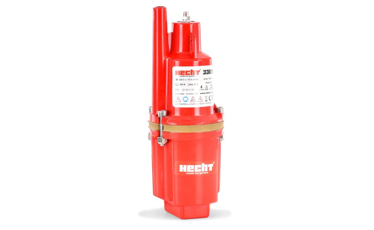 Submersible vibrating pump with a transfer volume of 1400 l/hr. Max. discharge 55 m. Power input 300 W. Cable length 10 m. 3/4" flange.