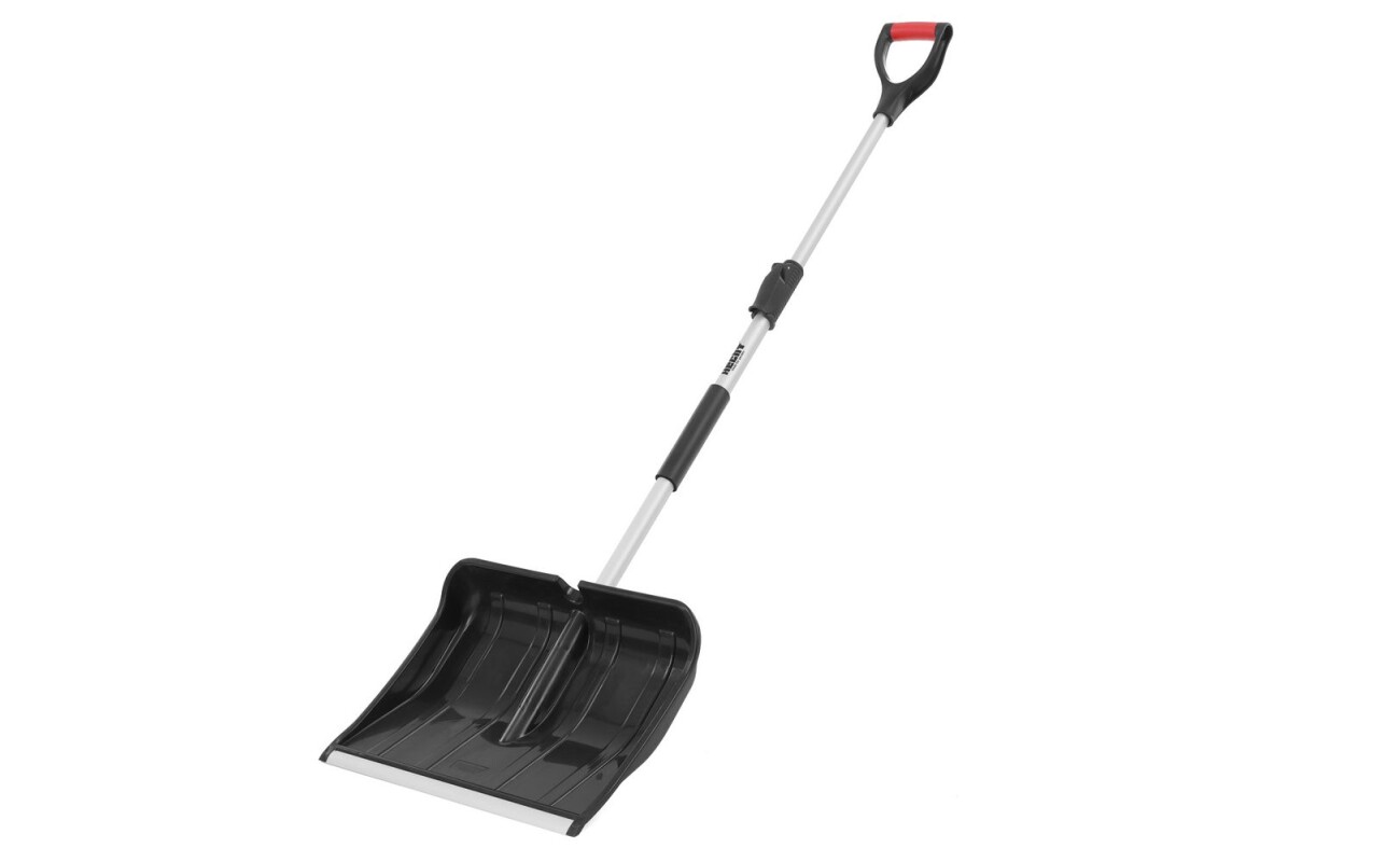 Plastic snow rake with telescopic aluminium handle and aluminium blade. Ergonomic polypropylene D-shaped handle. Adjustable height 122-156 cm