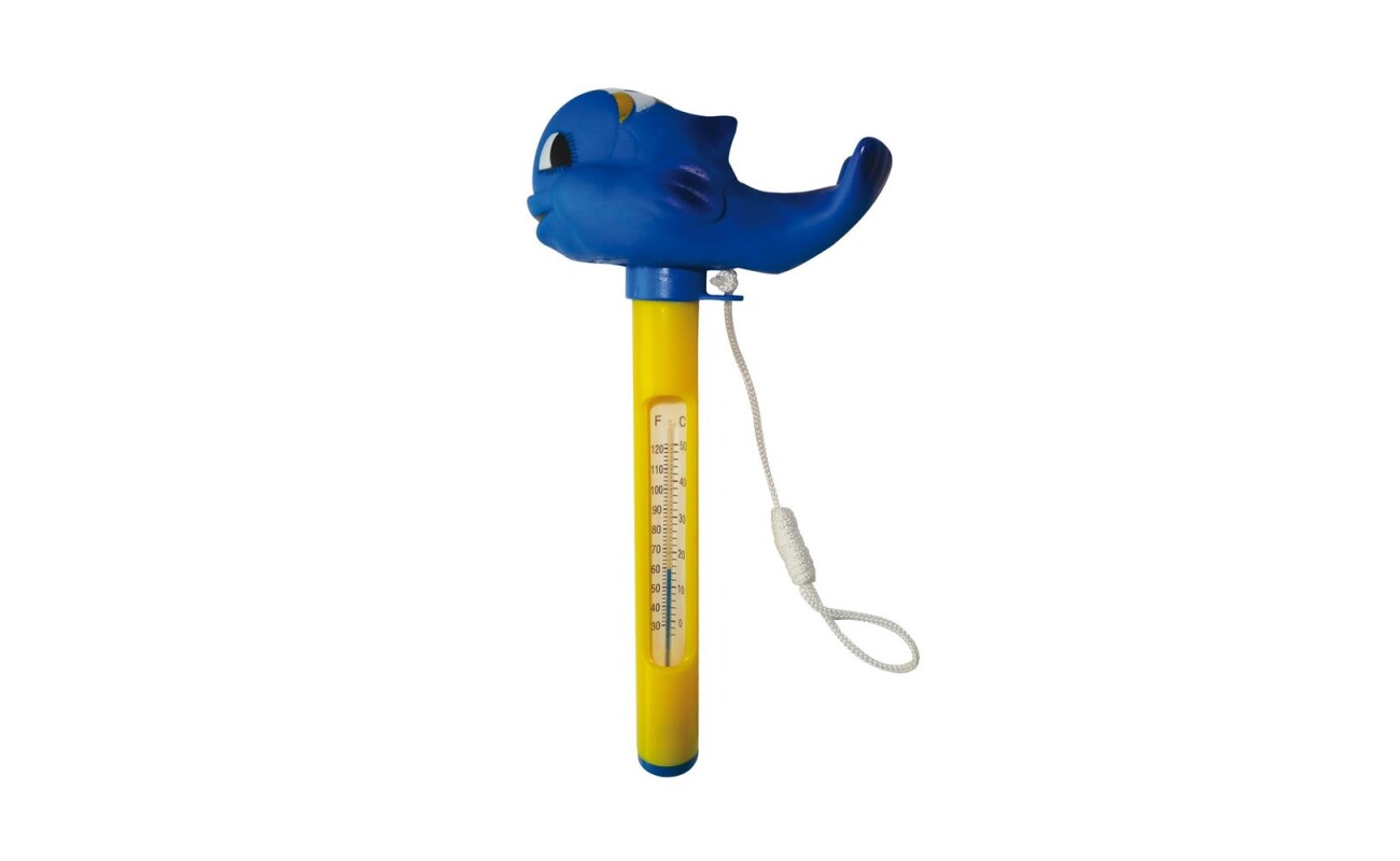Pool thermometer with dolphin-shaped float. Mercury-free.