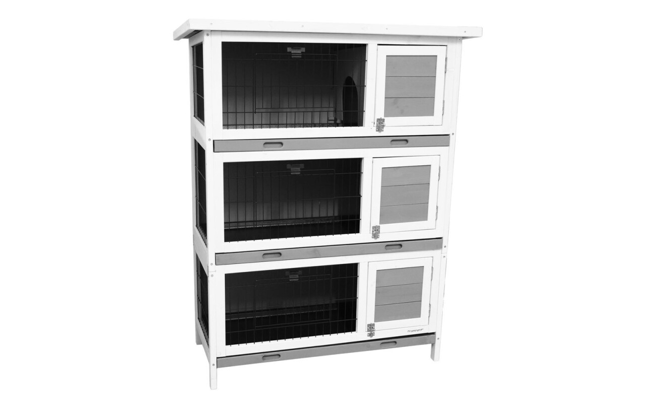 Prominent Emily is a three-storey rabbit hutch made from durable fir wood with a roof covered in asphalt shingles. Practical design with separate doors for each compartment.