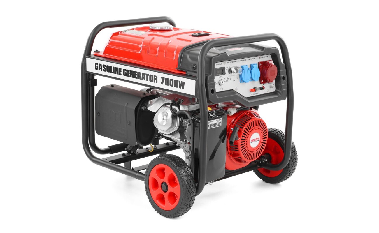 The HECHT GG 8000 is a relatively quiet and stable power generator. It is equipped with two standard 230 V / 50 Hz / 16A sockets (10A fuse) and one three-phase 400 V / 50 H socket. You will also find a 12 V DC output on the panel