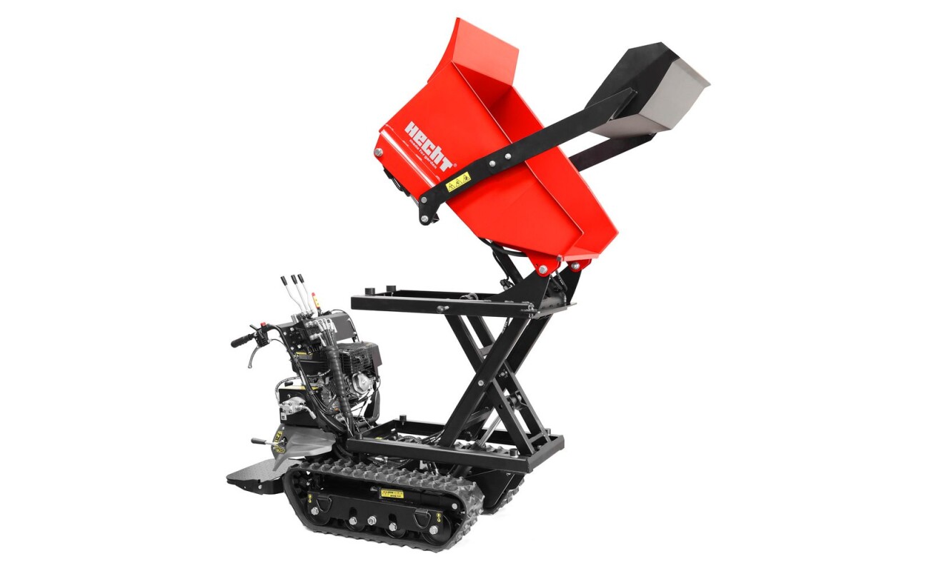 Hydraulic tracked transporter with loader. Load capacity: 500 kg. Hydraulic cargo box lifting. Hydrostatic transmission.