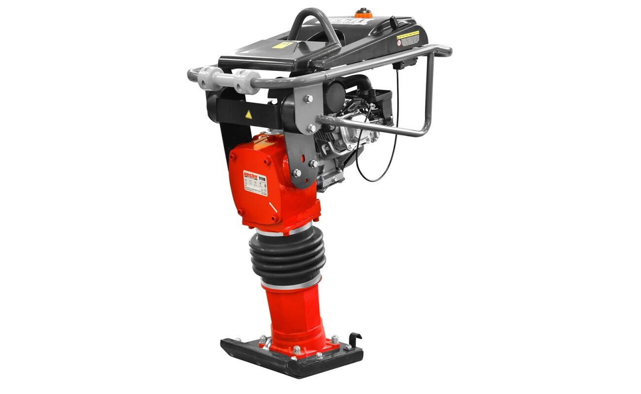 Motor vibrating rammer with a motor with a volume of 196 cm3. Board size 33.5 x 27.5 cm. Weight 82 kg.